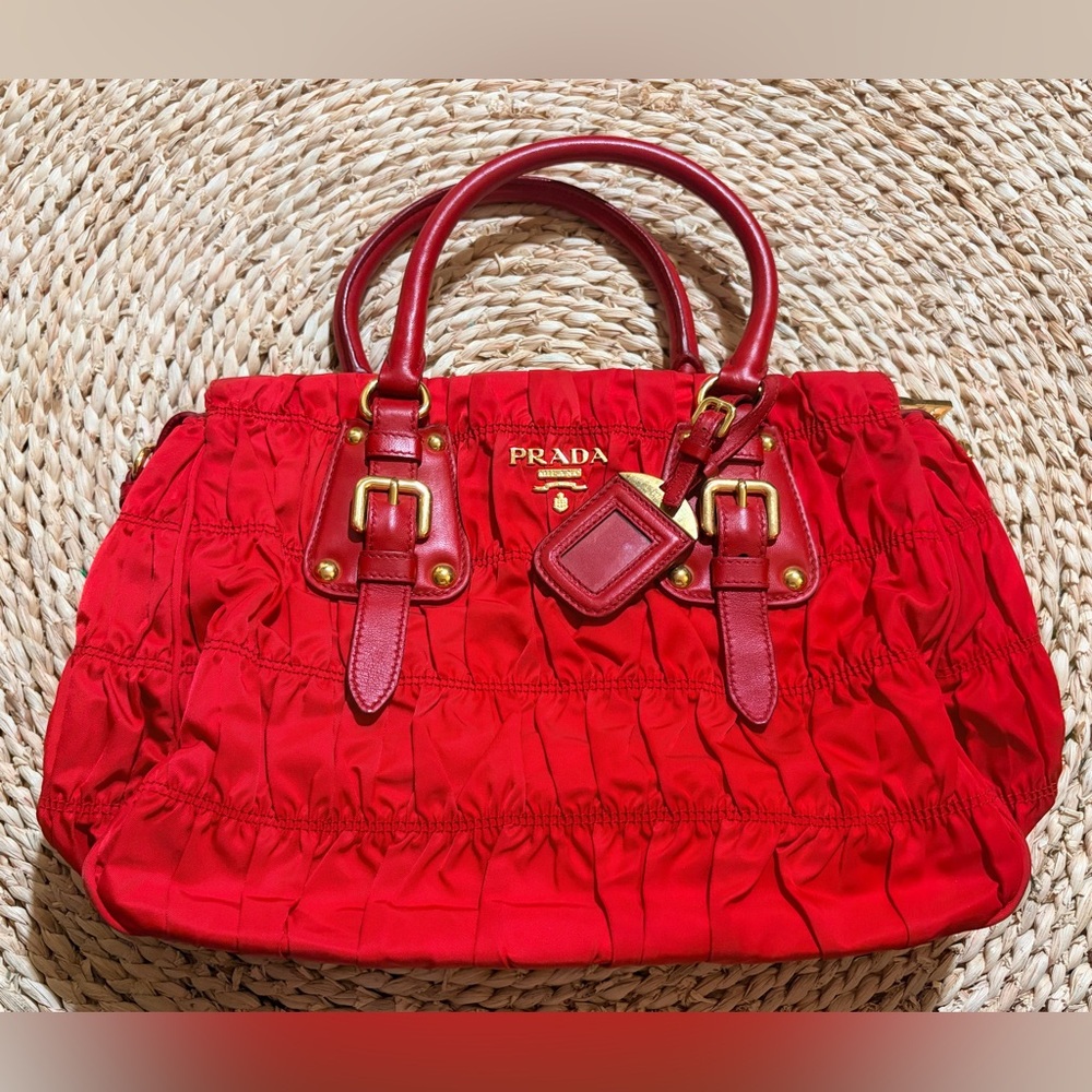 Prada Red Ruched Shoulder Tote with Gold Hardware